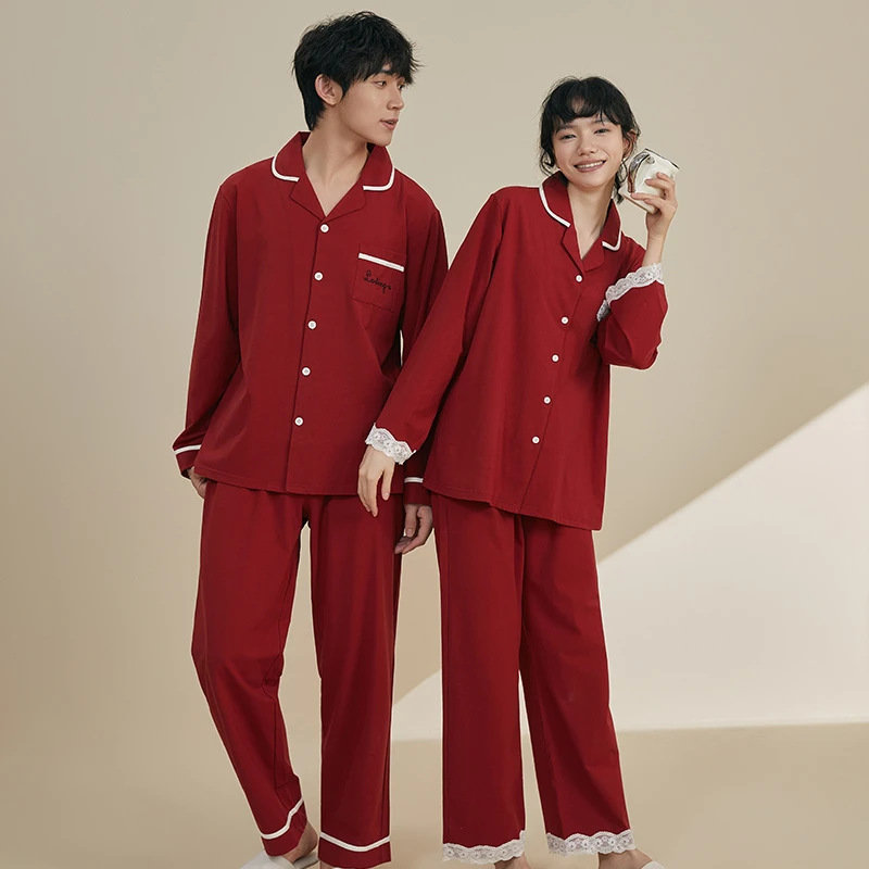 情侣睡衣女春秋季纯棉红色新婚喜庆结婚本命年男士家居服新娘套装