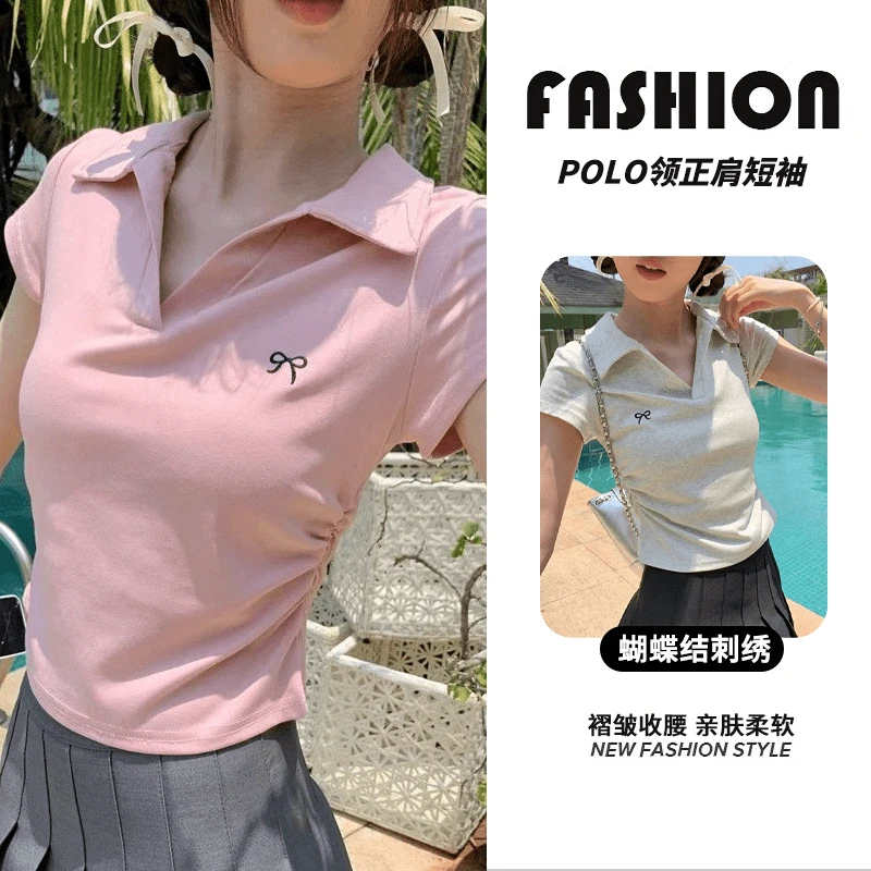 千朔正肩短袖T恤青春学妹Polo翻领蝴蝶结刺绣褶皱收腰设计感上衣