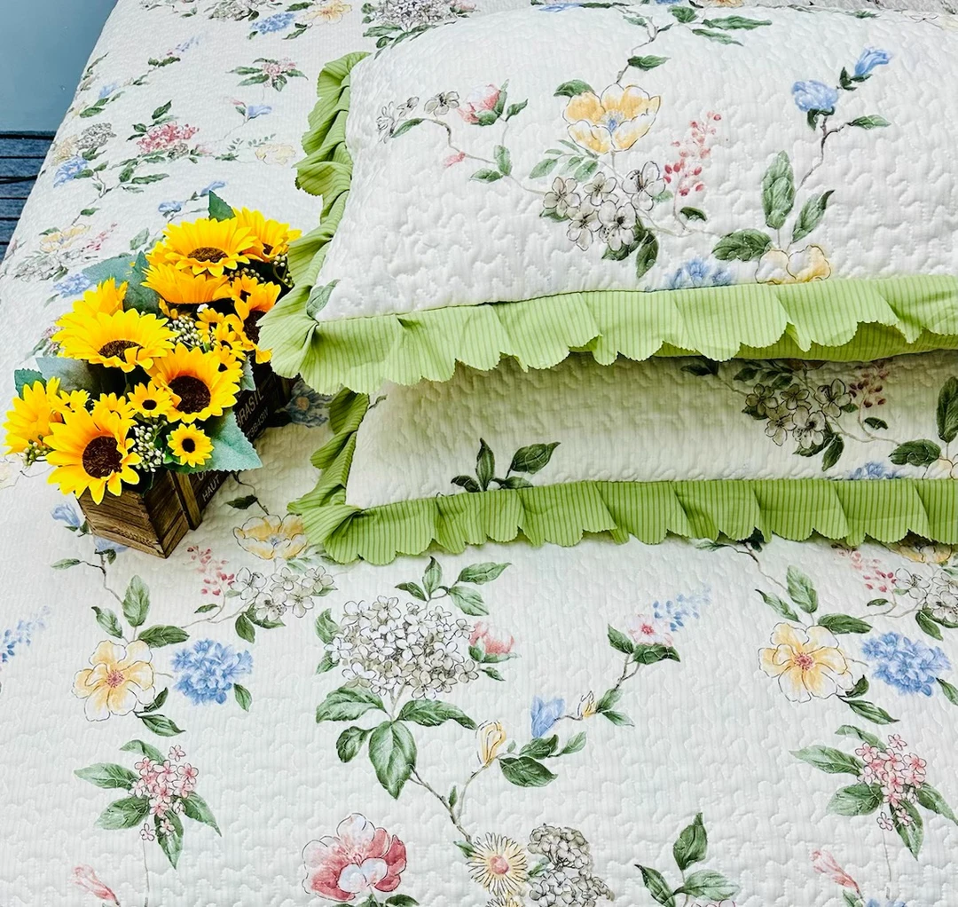 《花边枕套》有氧泡泡纱荷叶花边绗绣枕套（48*74cm一对装）M