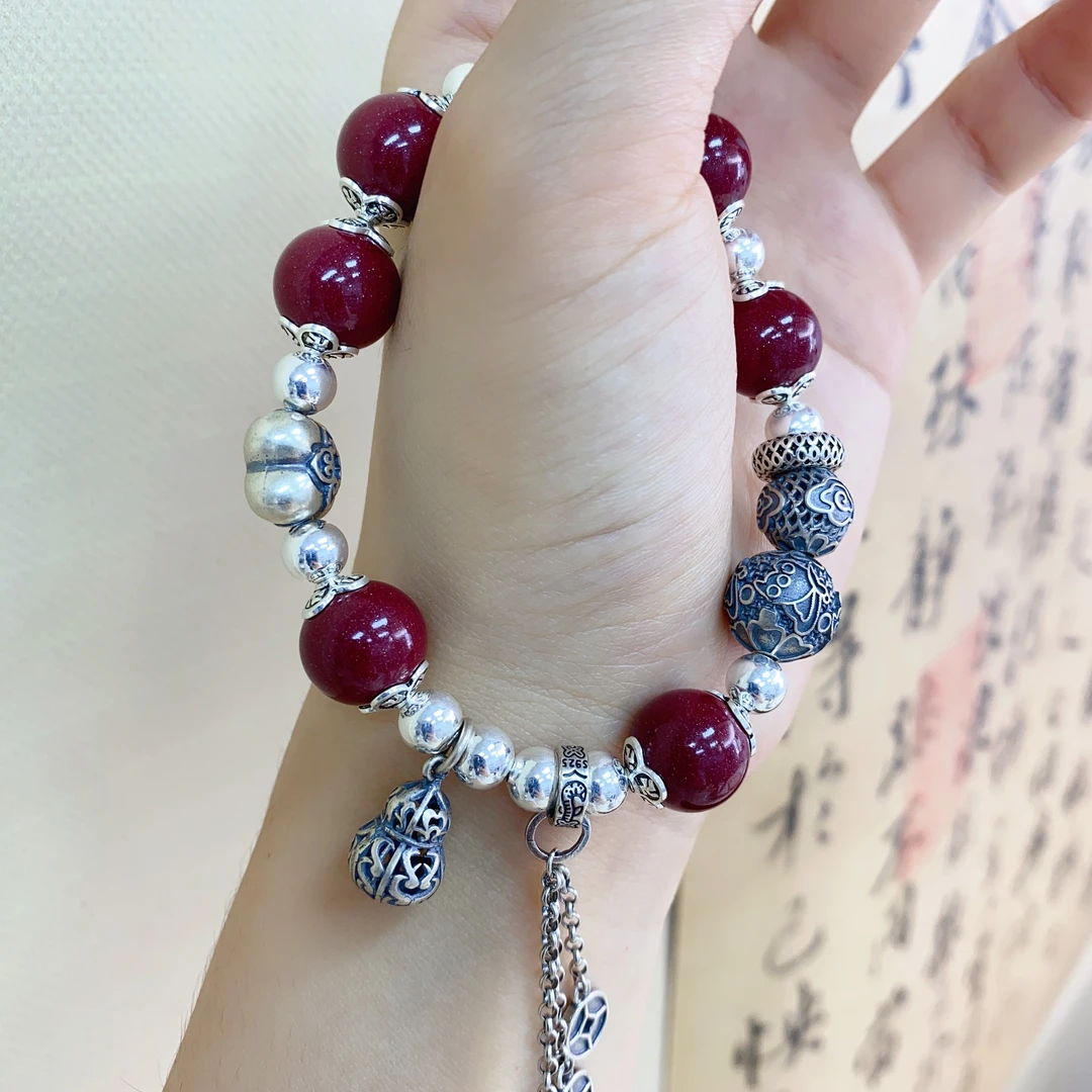 含辰砂工艺品Z50 925银手链 新中式平安富贵葫芦情侣闺蜜手串手绳
