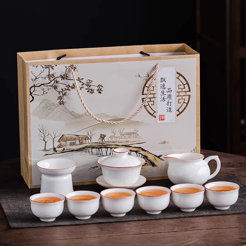 白色汝窑开片可养金丝铁线整套茶具简约盒装瓷盖碗中式轻奢创意