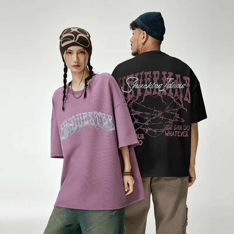 NMAX大码潮牌男装透气珠地宽松T恤荆棘爱心炫彩字母短袖ENT071