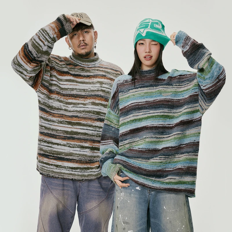 NMAX大码潮牌男装秋冬软糯质感彩色条纹针织衫宽松情侣毛衣ENE006