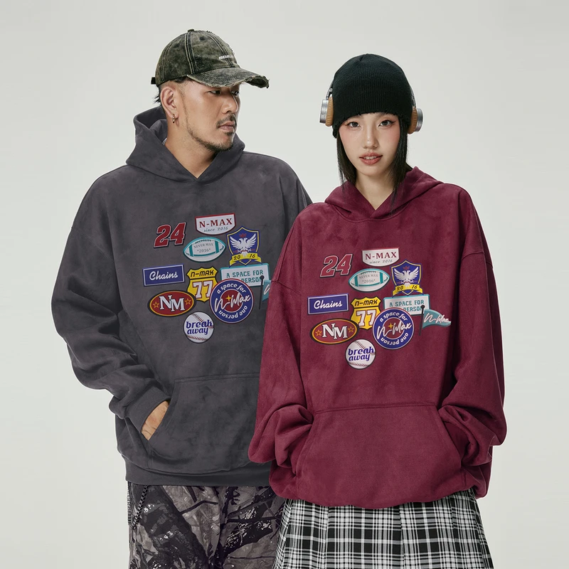 NMAX大码潮牌男装秋冬美式潮流标签印花帽衫绒感重磅卫衣ENA088