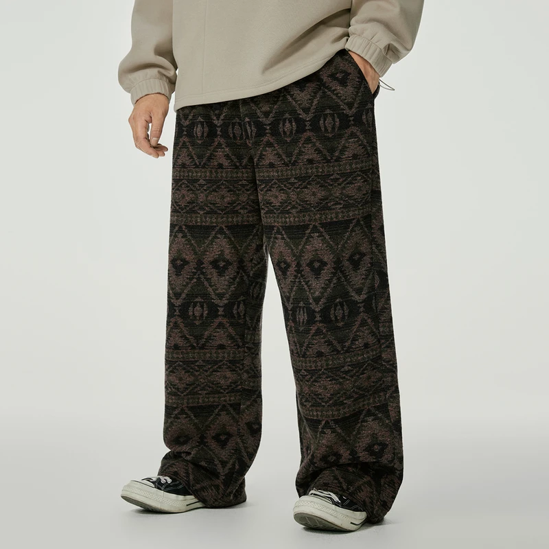 NMAX大码潮牌男装民族风纹样编织长裤保暖绒感直筒休闲裤ENK023