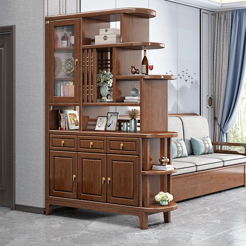 迪美尔新中式实木入户门玄关柜隔断柜胡桃木双面屏风间厅柜220907