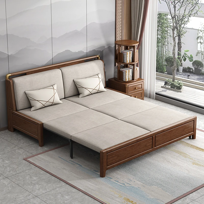 新中式胡桃木实木折叠沙发床多功能储物客厅两家用伸缩床 M230439