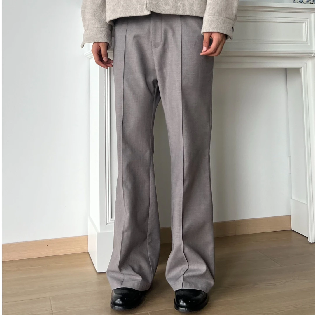 SUKCHOR 定织哑面立体挺阔中线直筒微喇西裤/花瓣牛角扣/全包边