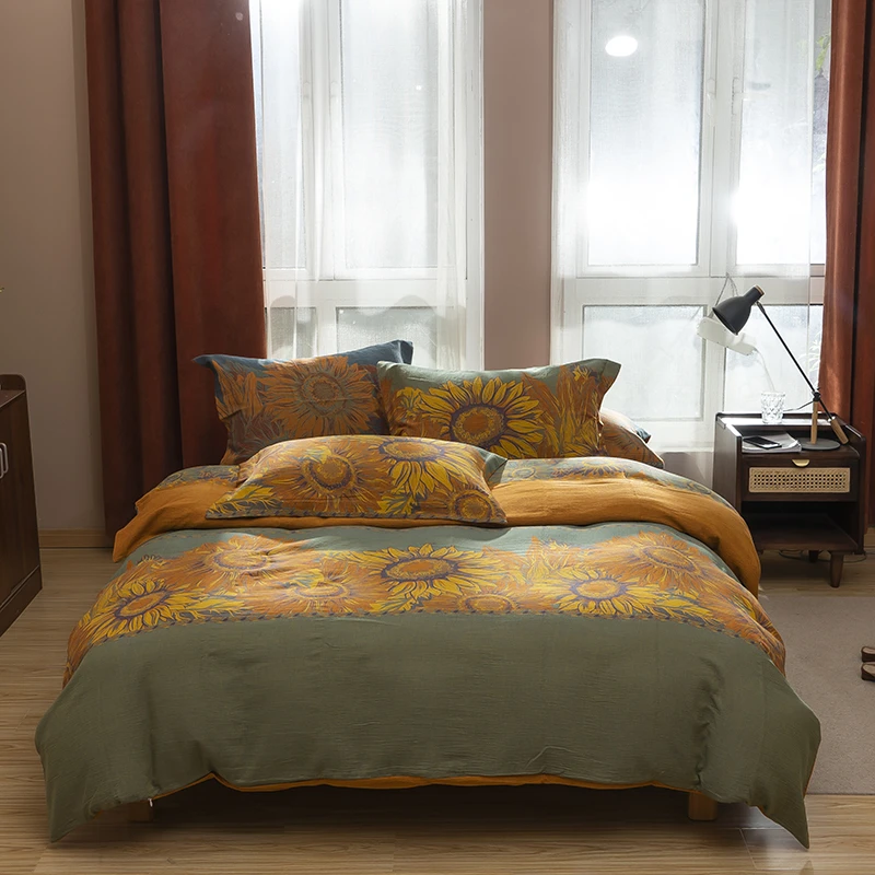 A类全棉双层纱布四件套轻奢加厚复古被套纯棉色织水洗棉裸睡被套