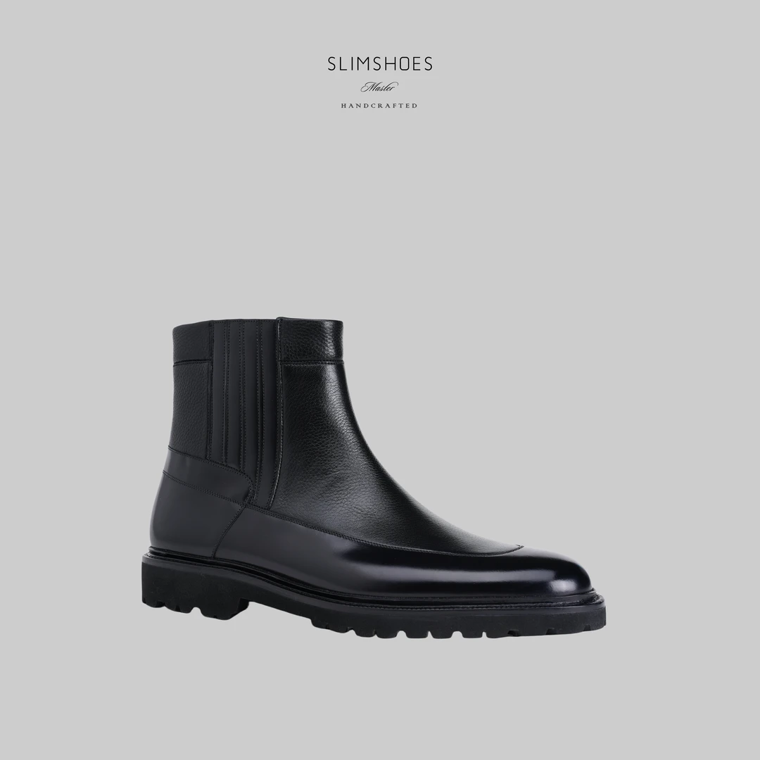 SLIMSHOES时另休闲时尚设计师款秋冬厚底圆头男士皮鞋拉链短靴