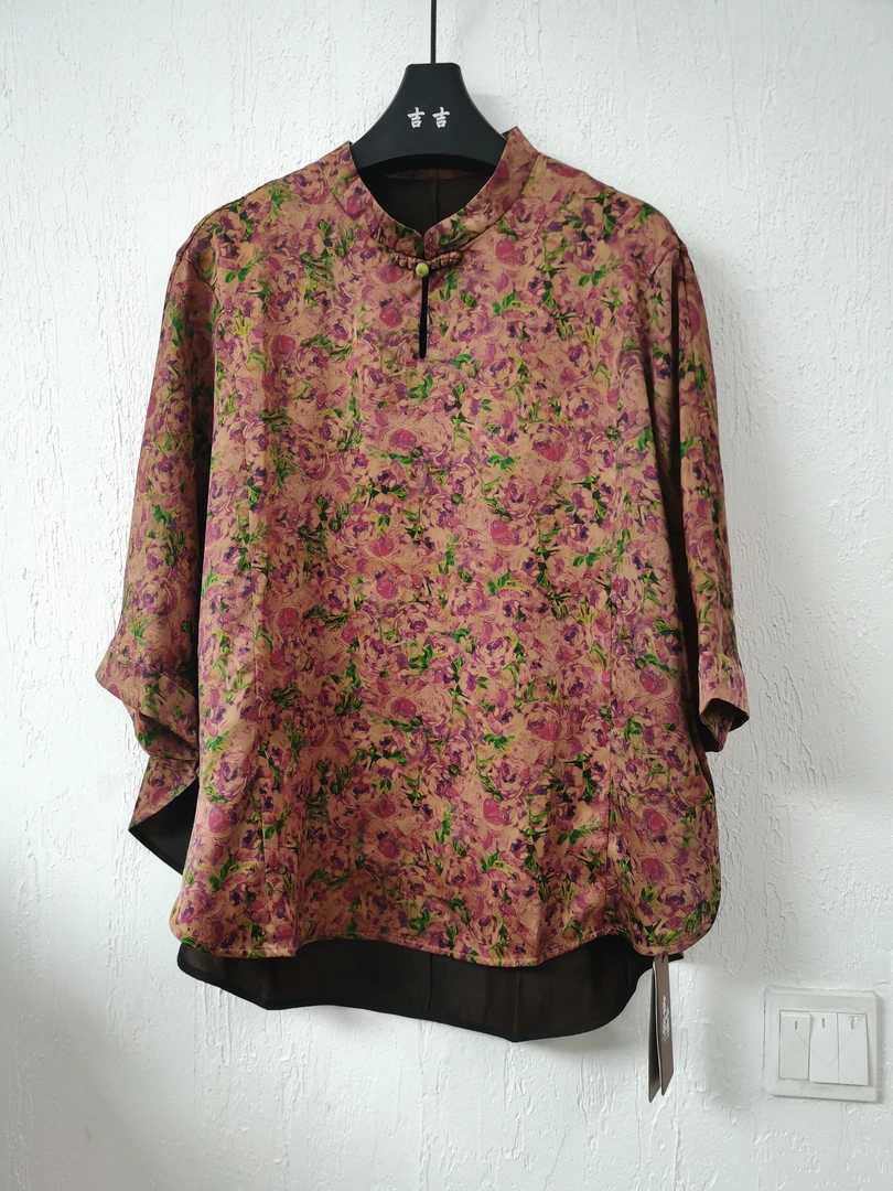 伊美香云纱 桑蚕丝重缎皮子料 时尚气质款真丝上衣2024夏季新款