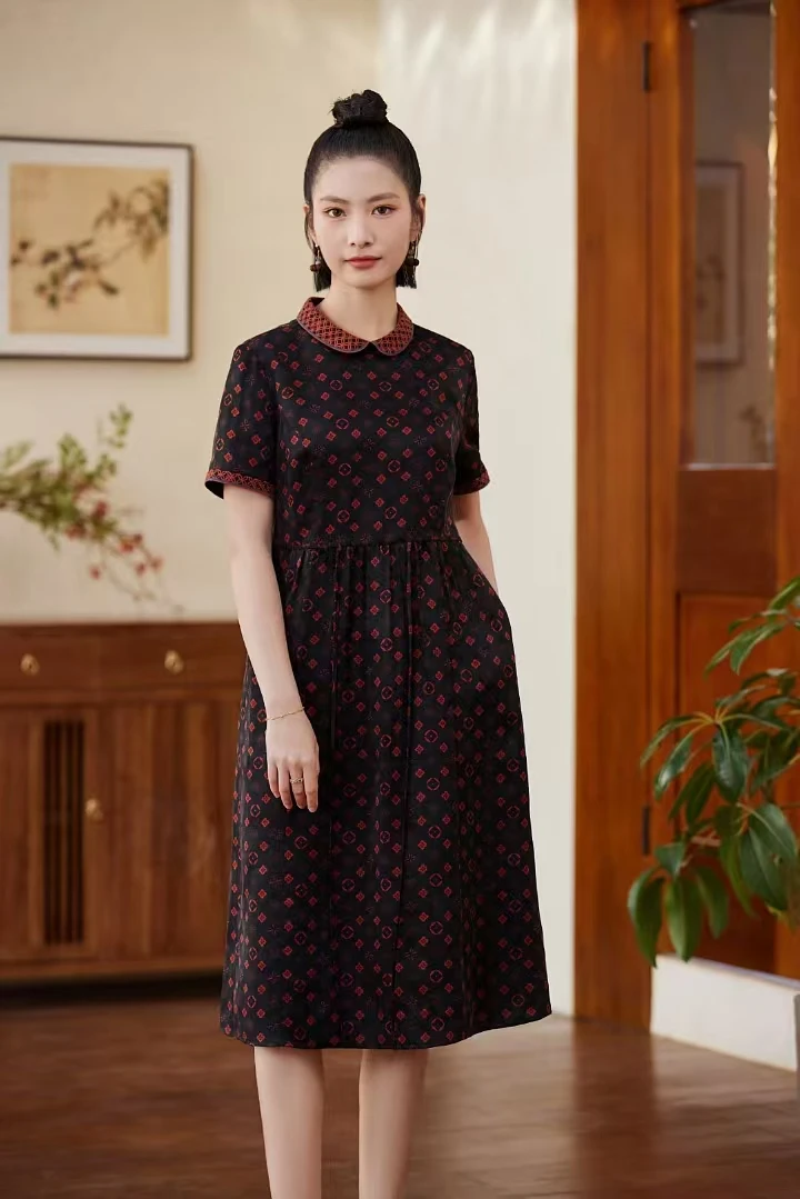 伊美香云纱云山YS6638桑蚕丝重缎皮子花萝时尚气质款连衣裙2024新