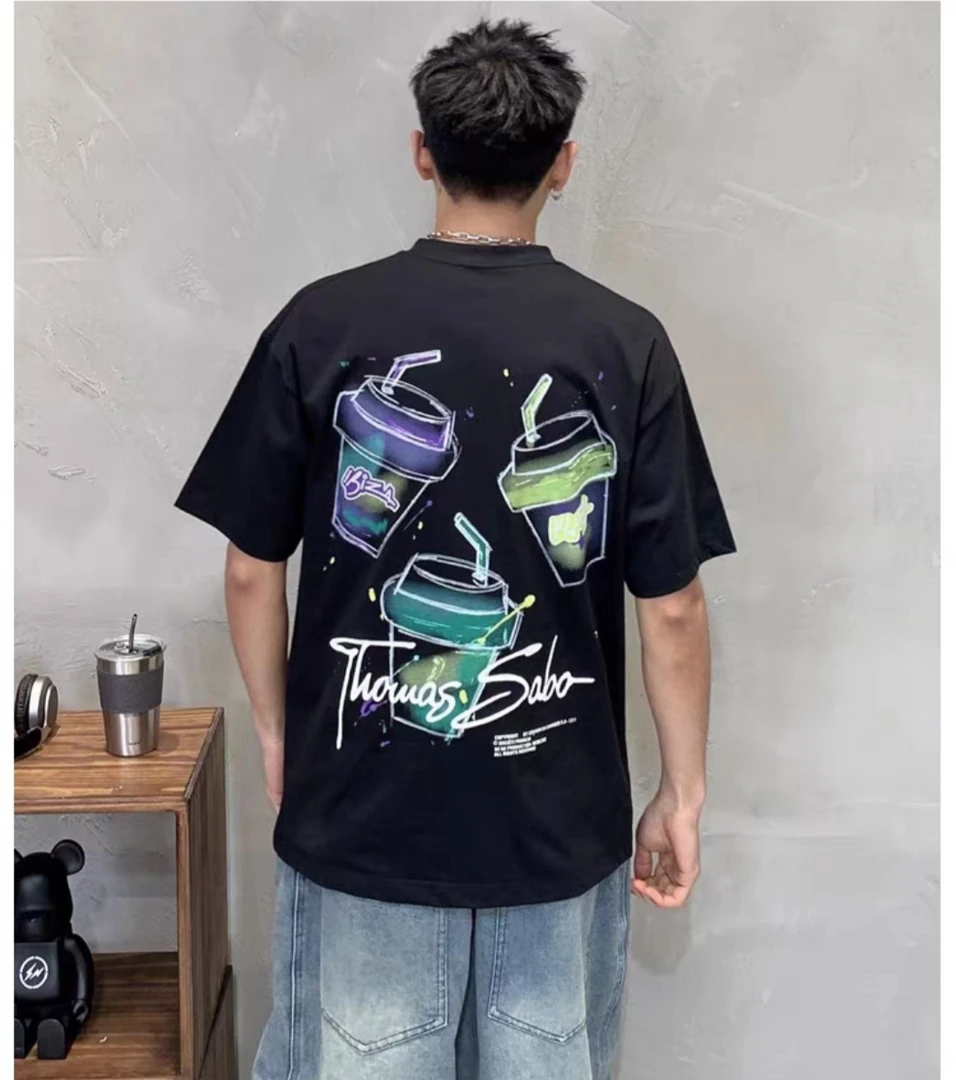 水杯刺绣青春潮流短袖t桖男夏季宽松情侣上衣