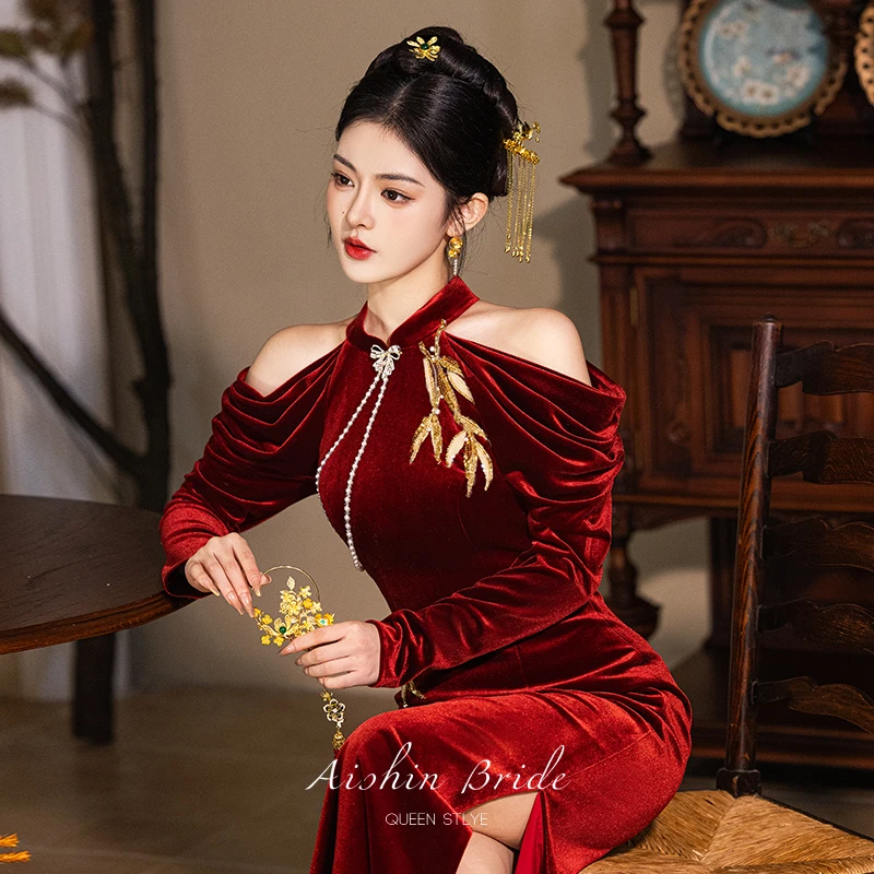 艾诗霓《金盏》丝绒敬酒礼服长袖秋冬高级感新中式旗袍结婚订婚裙