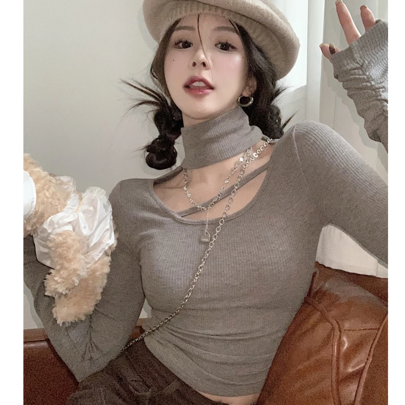 纯欲风镂空高领针织打底衫女秋冬新款设计感小众修身内搭长袖上衣