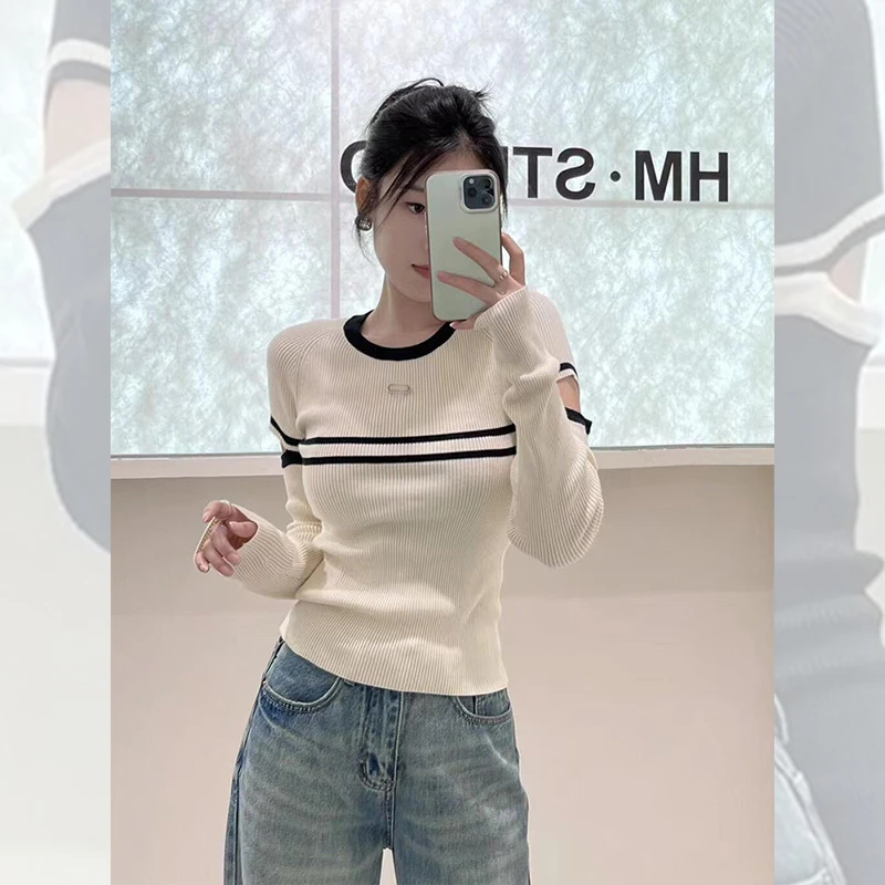 设计感条纹撞色打底衫镂空上衣女早秋季高级感短款修身内搭针织衫