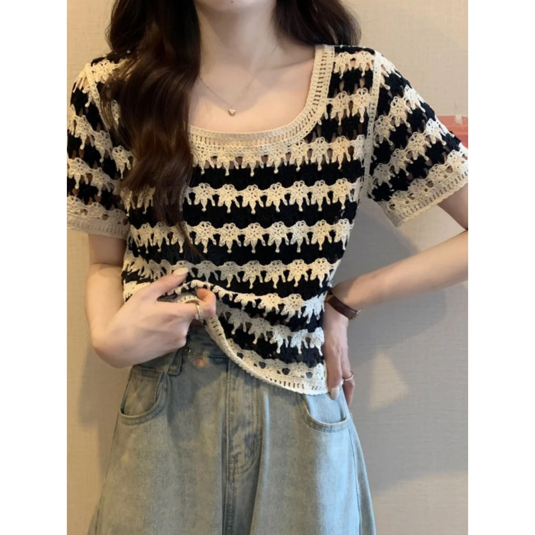 条纹短袖t恤女夏2025新款镂空针织衫小个子法式方领短款复古上衣