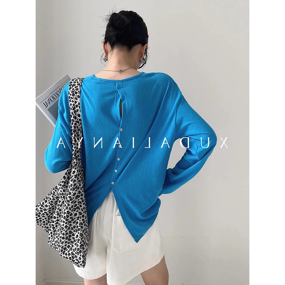 时尚蓝色后背镂空薄款针织防晒上衣女夏季空调罩衫小个子长袖t恤