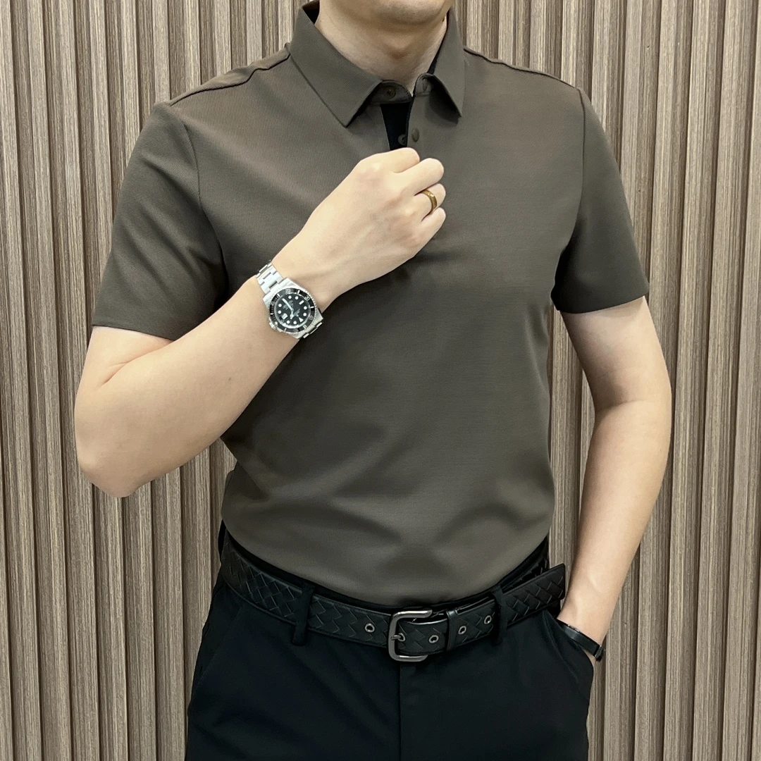 冰凉夏季男士休闲通勤百搭纯色商务翻领POLO衫轻奢华夫格透气弹力