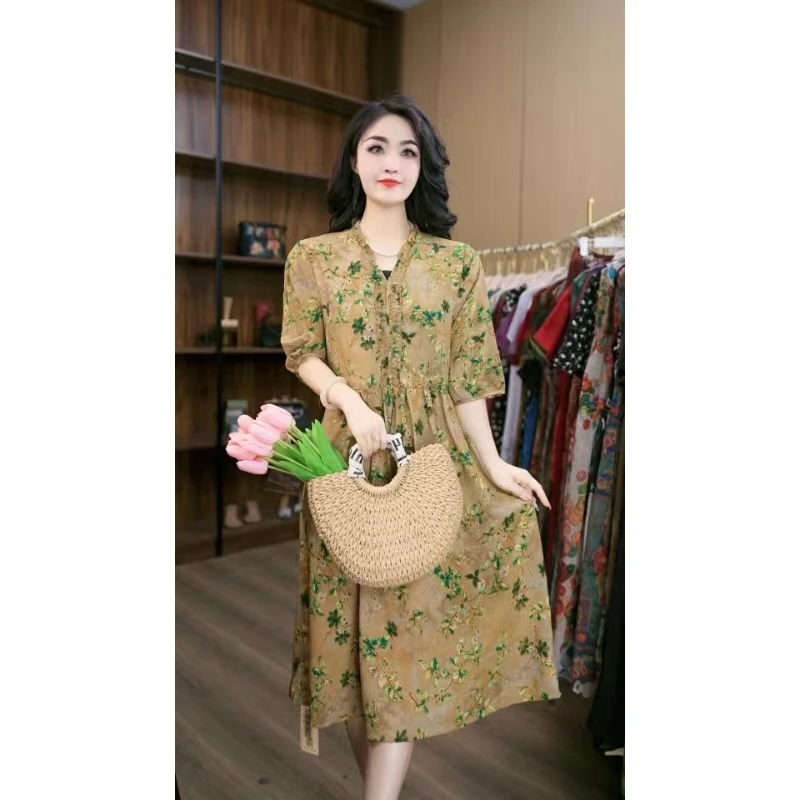 7880-31（黄）新款时尚休闲印花连衣裙