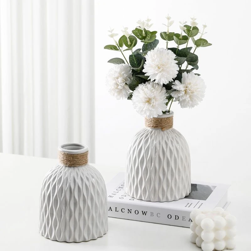 束口绑绳陶瓷花瓶 仿真花用假花插花