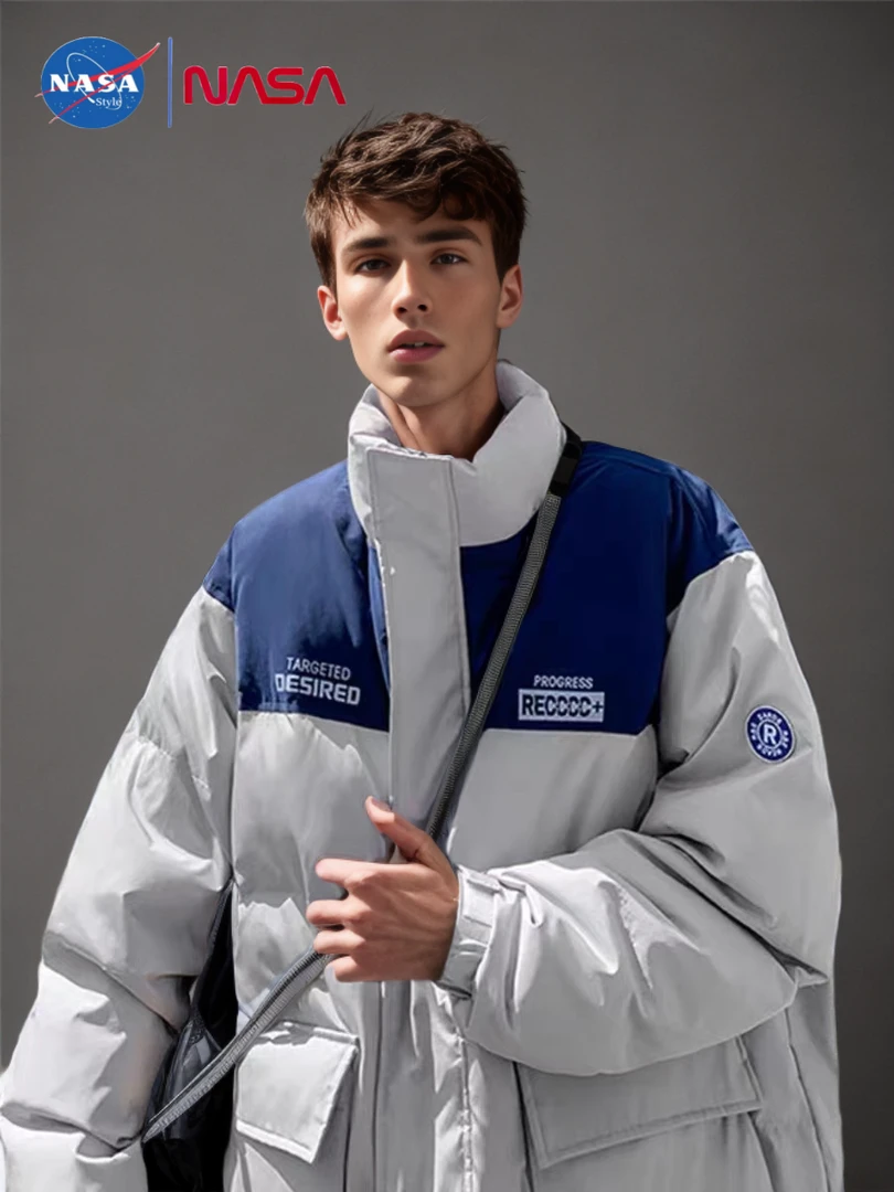 NASA联名欧美秋冬休闲百搭纯色拼接字母保暖情侣款立领宽松棉服