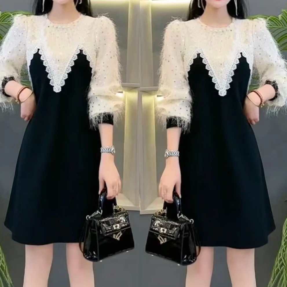 2024新款连衣裙气质上班族女装气场强大蕾丝轻奢减龄拼接时尚显瘦