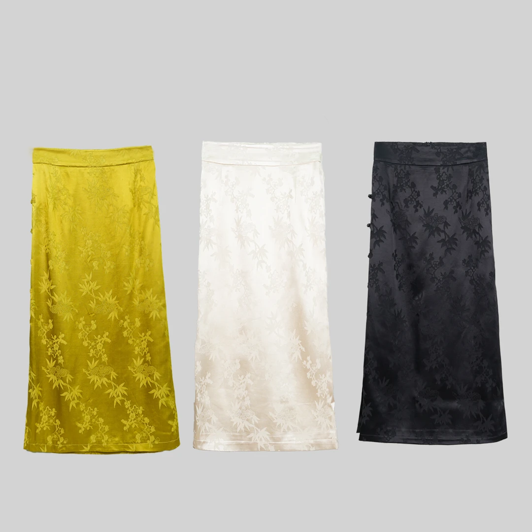 FUYAN【君亦】新中式国风复古提花气质春款开叉女装半身裙9755