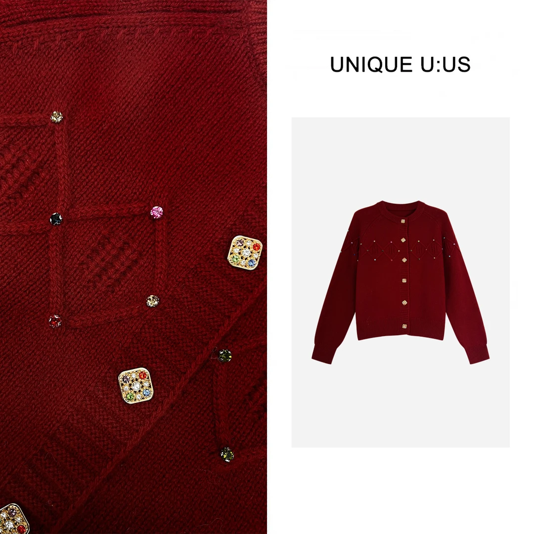 UNIQUE U:US【Tang】殷红花海简约百搭保暖气质针织开衫-2412263