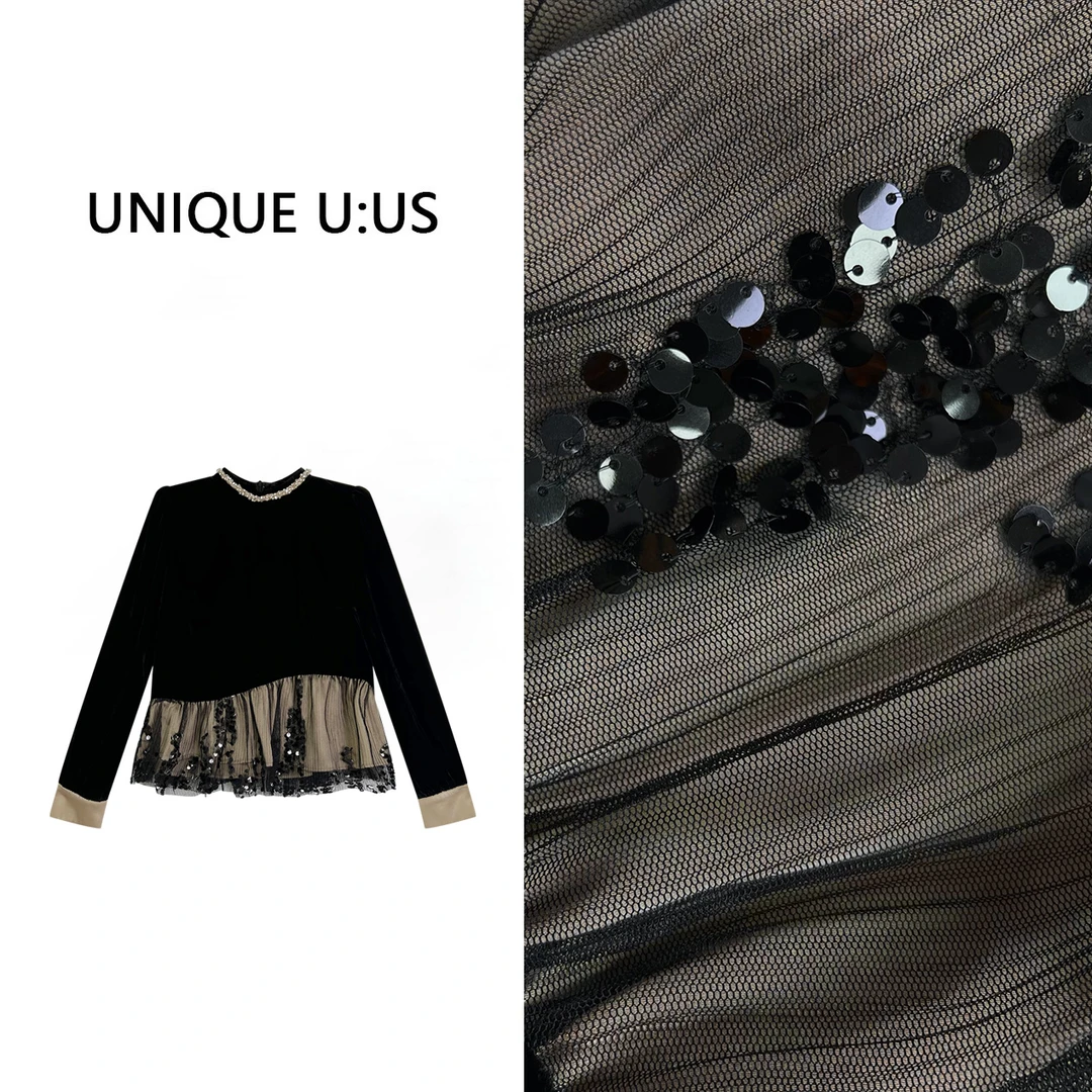 SANQIAN ·宋三千   丝绒拼色网纱亮片下摆气质上衣衫-249893