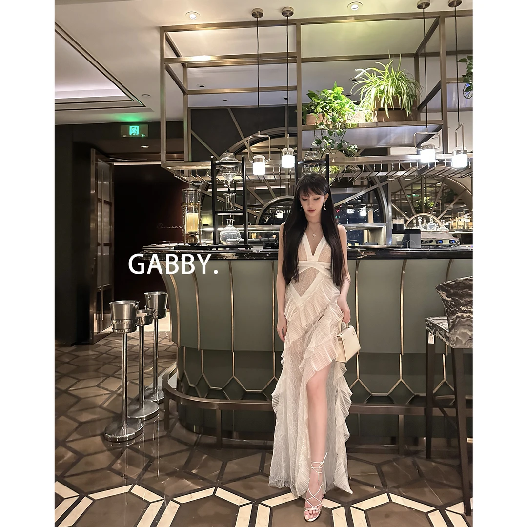 GABBY 高定款 仙女裙高级感V领连衣裙 重工性感蕾丝拼接长裙A2360