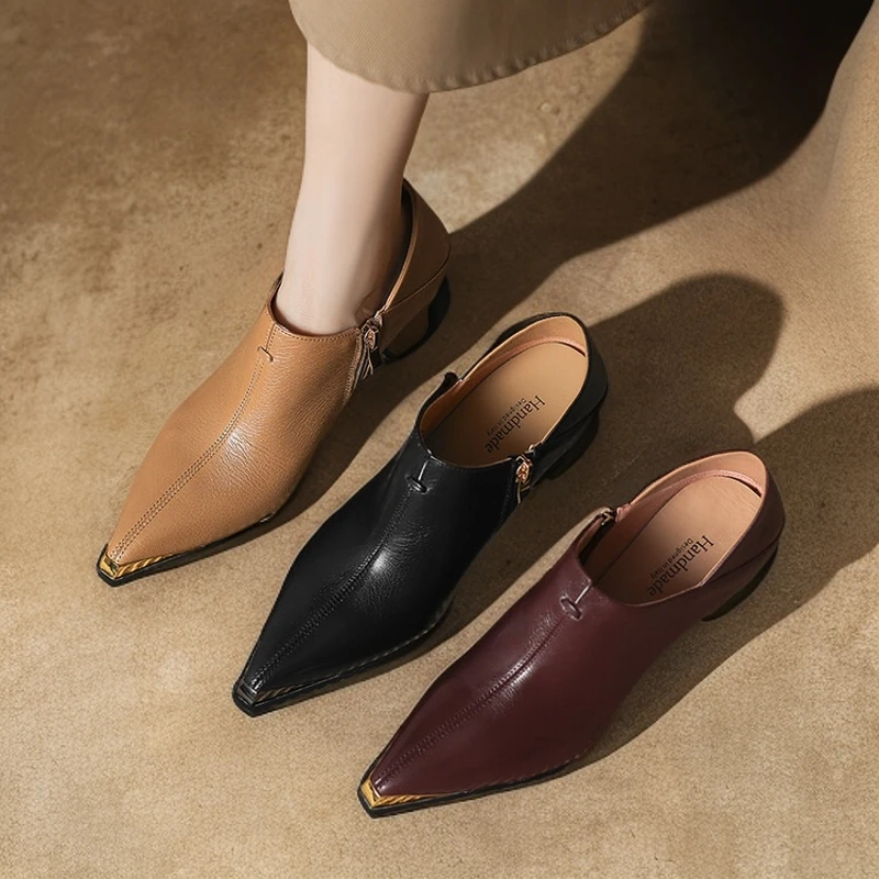 7CM粗跟34-40码秋冬英伦风时尚深口侧拉链酒红色单鞋女高跟鞋舒适