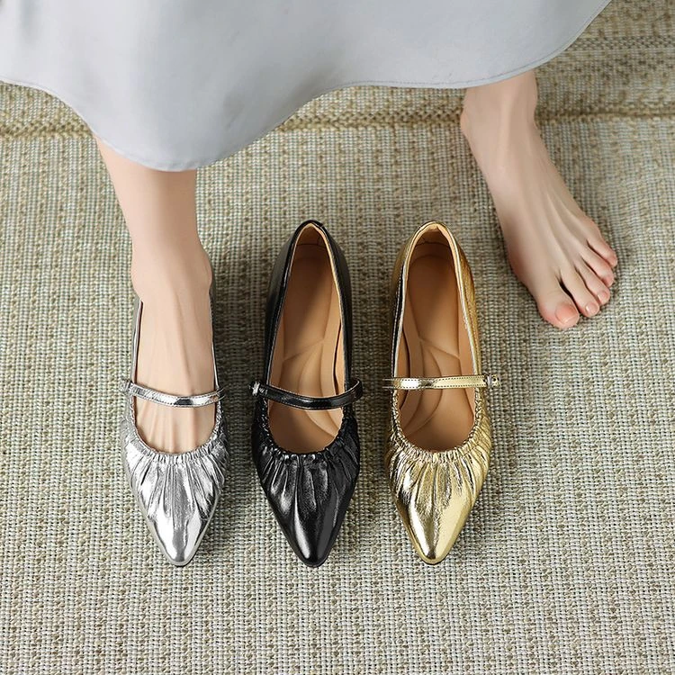 feilunna/妃伦娜【3.5CM】33-41粗跟浅口银色玛丽珍真皮尖头单鞋女