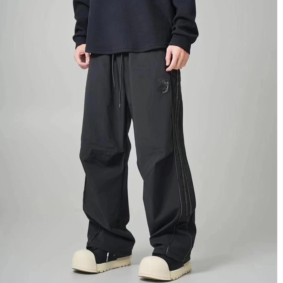 巴黎风造旧漆皮加绒休闲裤标三杠伞兵加绒休闲裤秋冬直筒运动美式