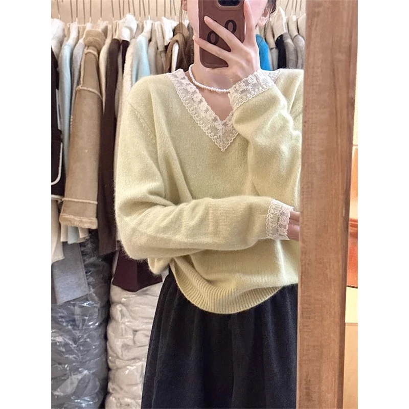 韩系拼接蕾丝领花边宽松V领针织衫毛衣女2025秋冬季针织内搭上衣