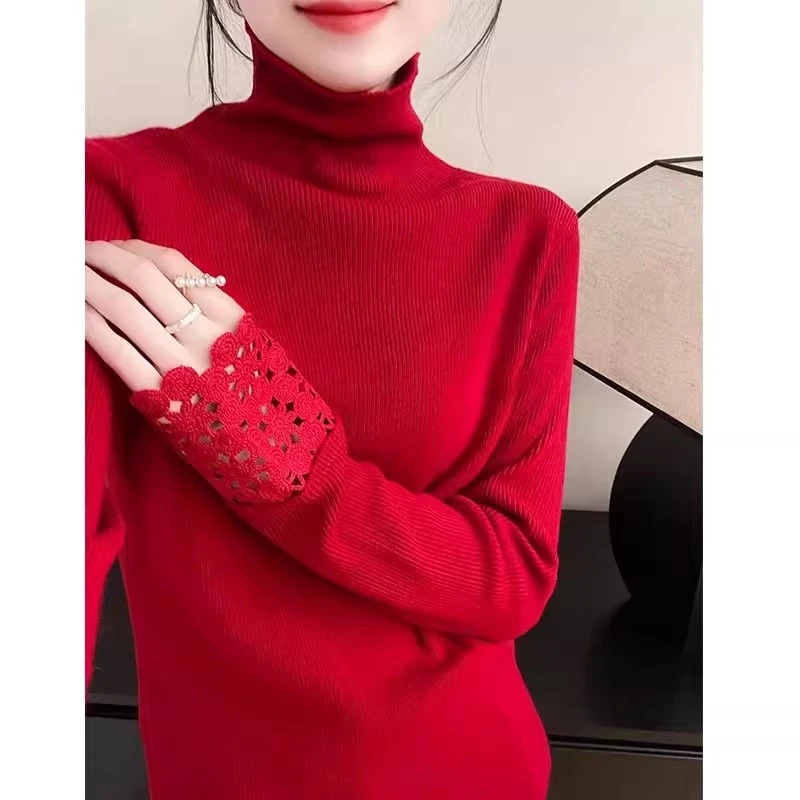 小众独特钩花拼接袖口打底衫毛衣冬季女款纯色修身堆堆领针织衫潮