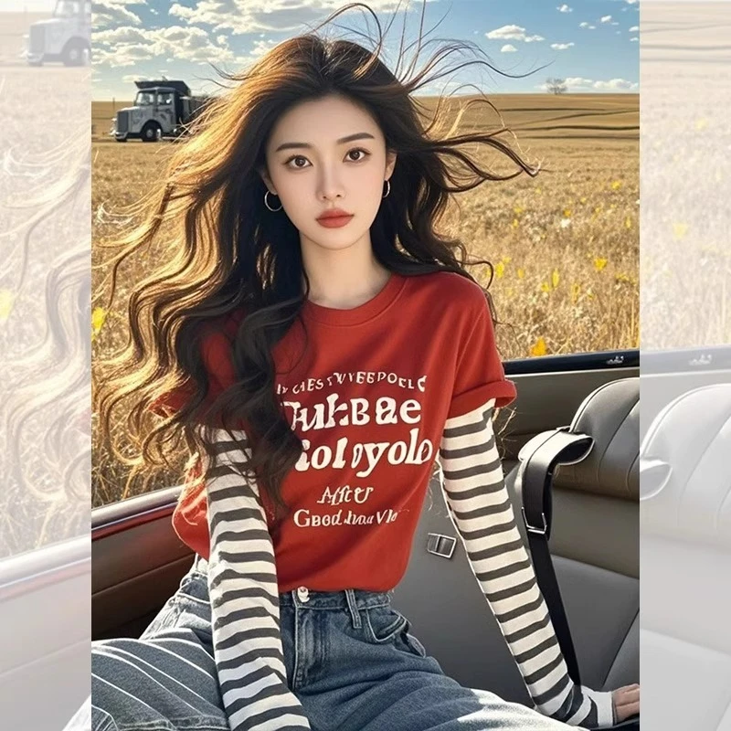 洋气打底内搭红色条纹拼接假两件上衣设计感小众长袖t恤女春秋款