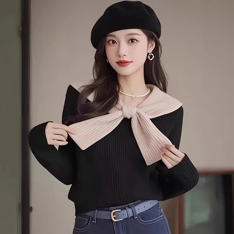 黑色拼接蝴蝶结针织衫毛衣2025早秋季新款女装冷淡系独特别致上衣