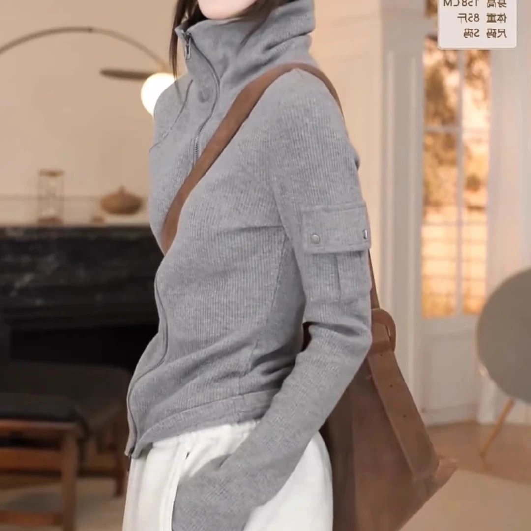灰色双拉链高领开衫卫衣女2025冬季新款设计感口袋百搭显瘦外套潮