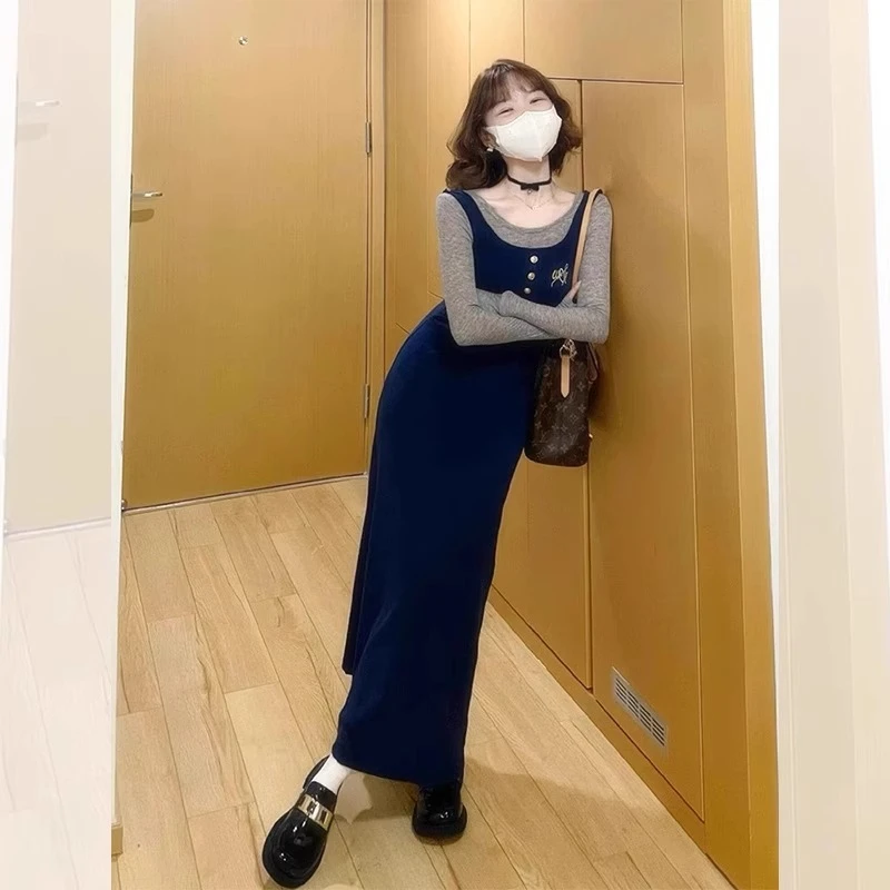 法式蓝色假两件长袖连衣裙女早春穿搭绝美小个子收腰显瘦包臀长裙