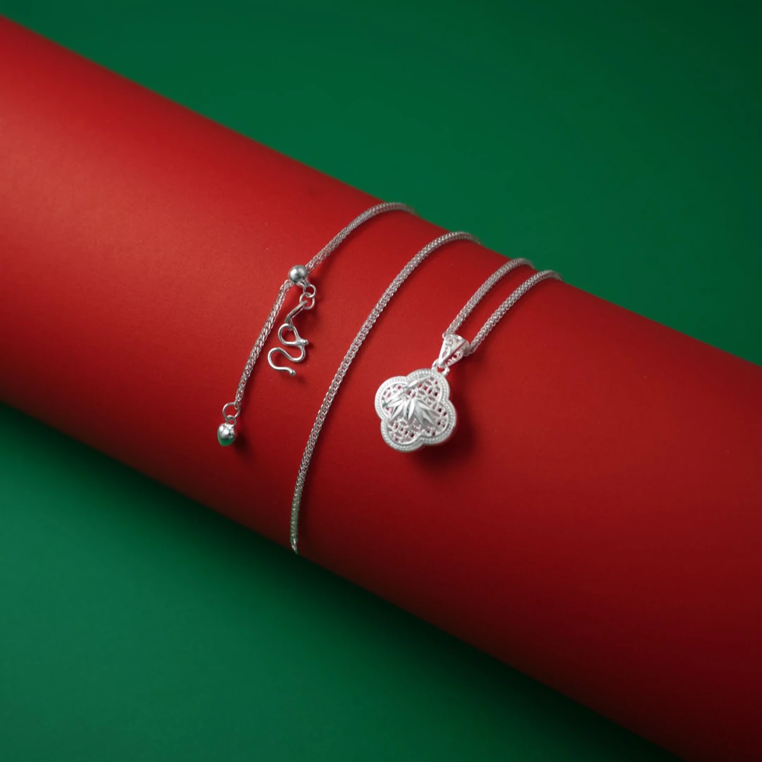 坠链均足银 【四叶草花丝套链】 黔喜银饰 足银999日常百搭项链