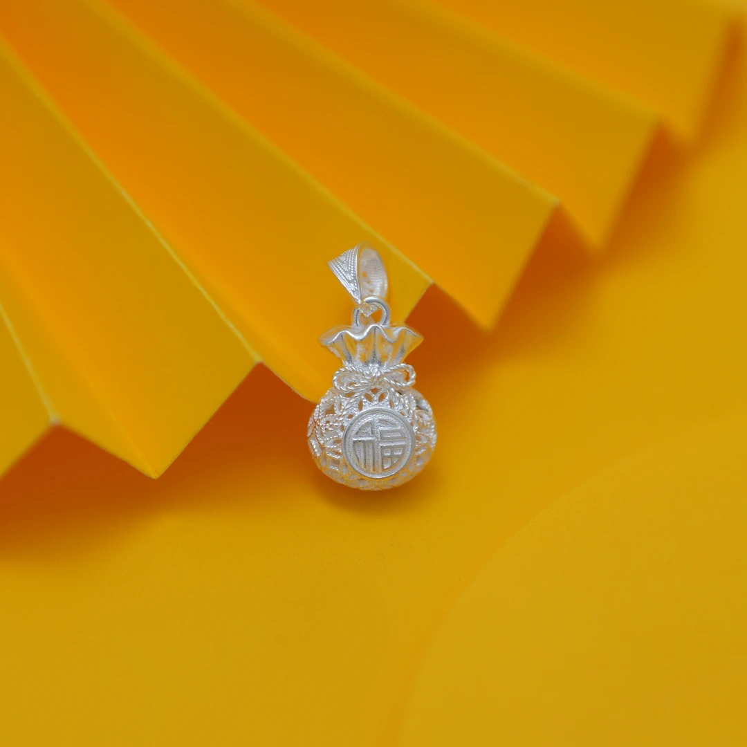 吊坠足银 【花丝小福袋吊坠】黔喜银饰时尚百搭精美蝴蝶结福字吊坠