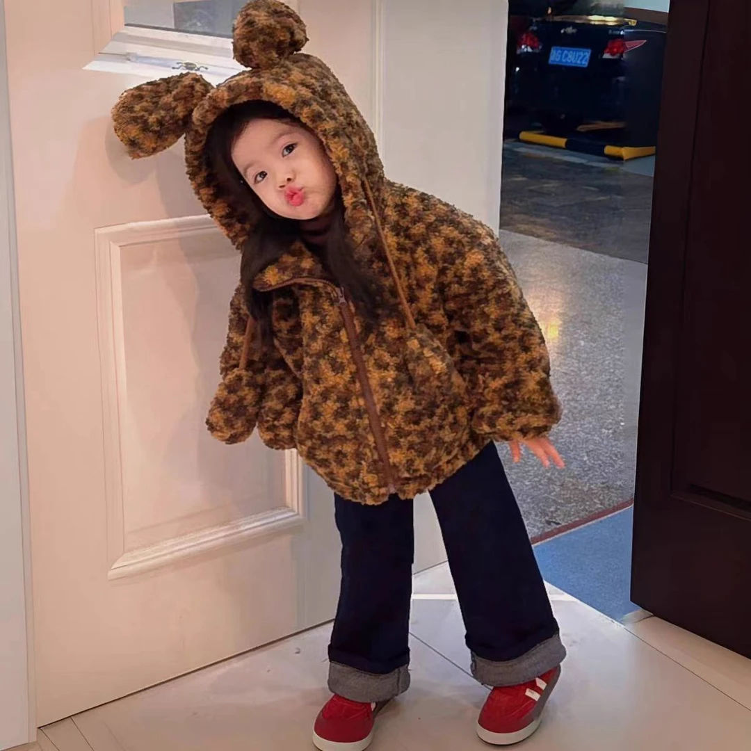 【2024秋冬新款】儿童豹纹外套女童加厚羊羔毛上衣免耳朵连帽毛毛衣