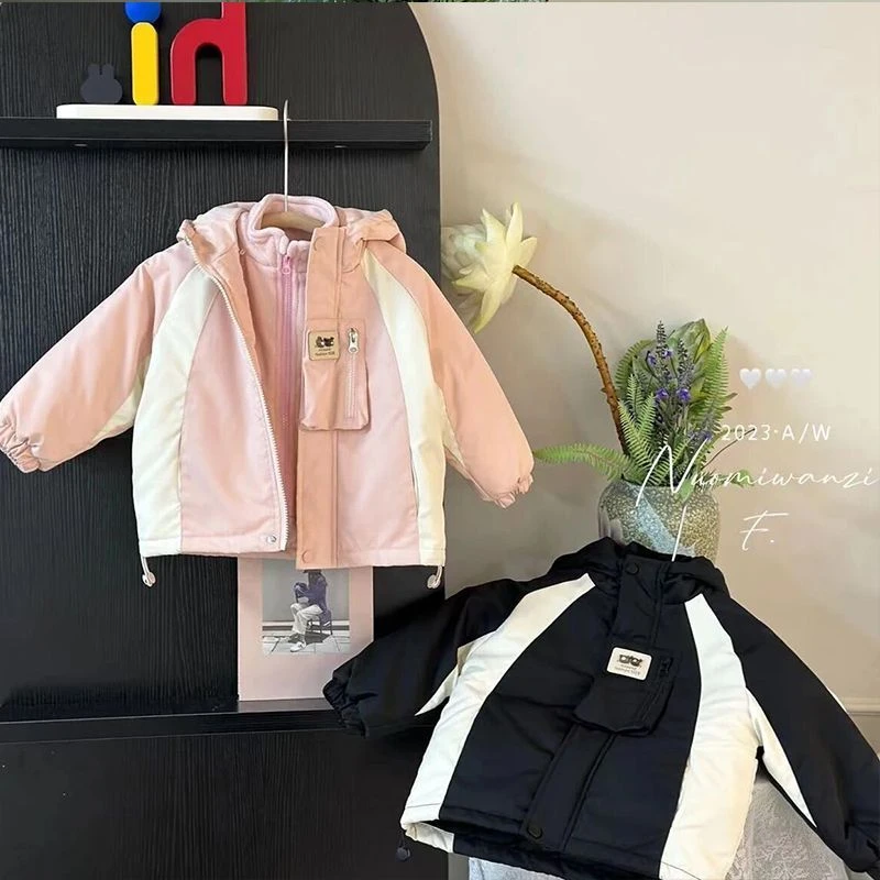 【2024新款】儿童冲锋衣外套男女宝宝加绒连帽风衣奥利绒内胆拼接洋