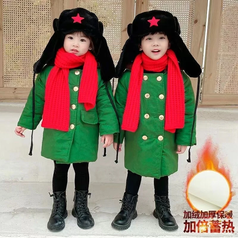 【2024新款】宝宝中长款加绒加厚加棉军绿色大衣儿童保暖棉服棉袄潮