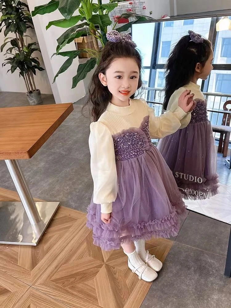 【2024新款】女童秋冬季连衣裙时尚洋气网纱裙超仙亮片假两件公主裙