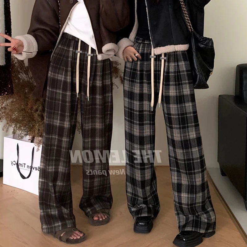 孕妇裤子春秋外穿格子阔腿裤秋季大码直筒裤孕妇装秋冬宽松格子裤
