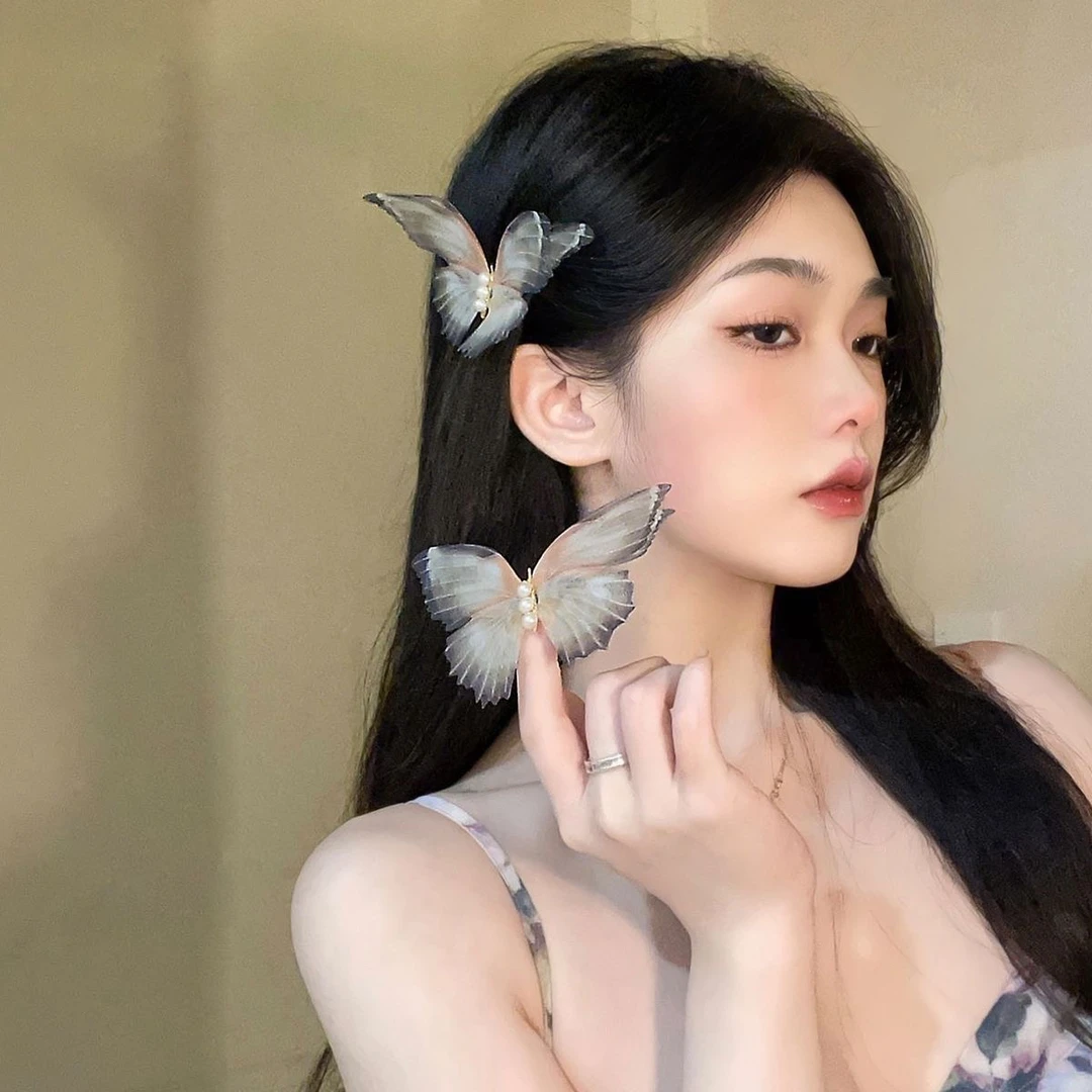 仙气灵动薄纱蝴蝶翅膀发夹女森系仙美高级感边夹发卡头饰古风发饰