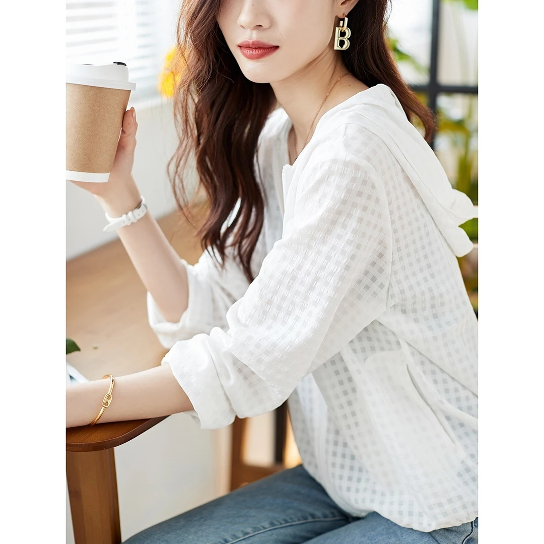 时尚长袖防晒衣外套女夏季新款简约休闲连帽拉链宽松百搭防晒服衫