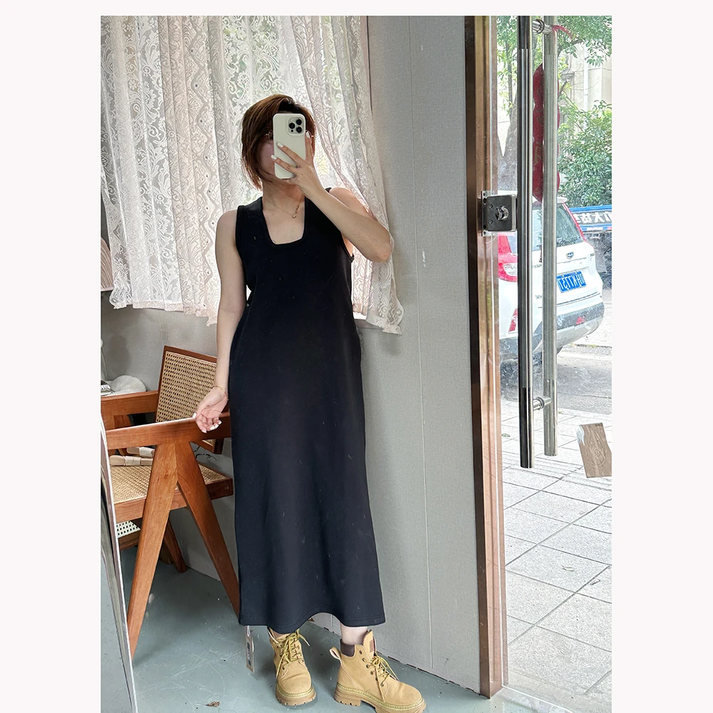 ZM1370   春秋新款纯色中长款方领休闲连衣裙百搭背心裙女